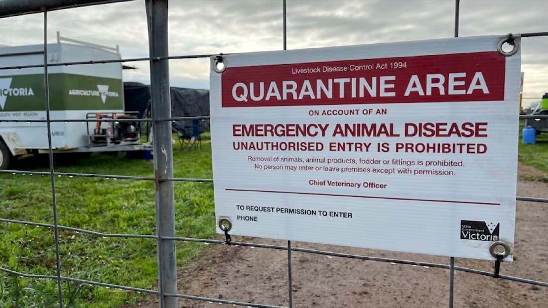 Emergency animal disease quarantine area sign at a farm gate during a disease response